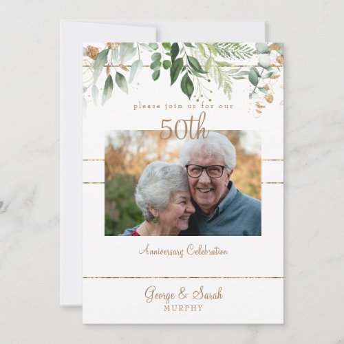 Photo 50th Anniversary Party Gold Foliage Invitation