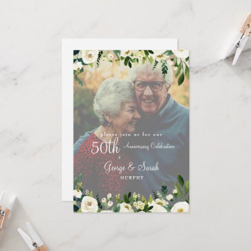 Photo 50th Anniversary Party White Floral II Invitation