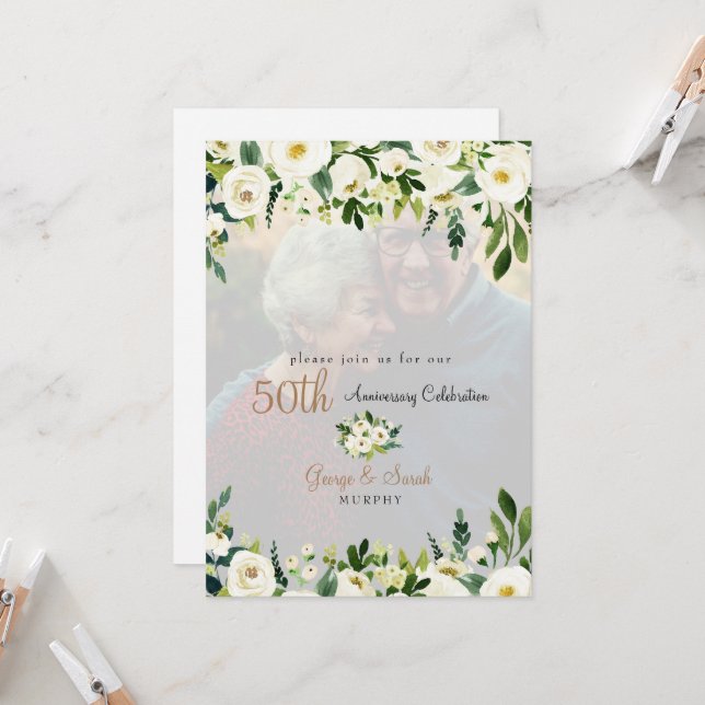 Photo 50th Anniversary Party White Floral  Invitation (Front/Back In Situ)