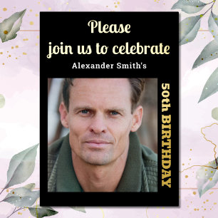 Photo 50th Birthday Black Gold Foil Invitation