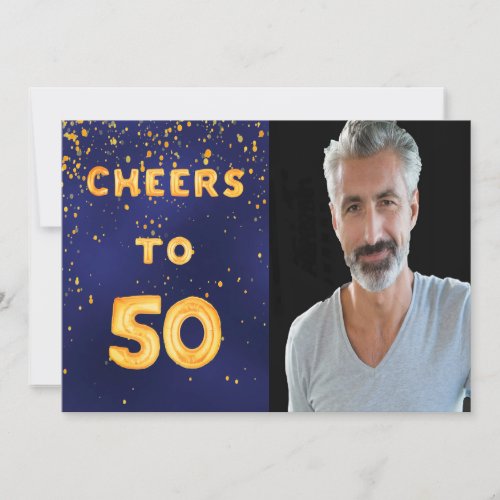 Photo 50th birthday cheers gold balloon text blue invitation