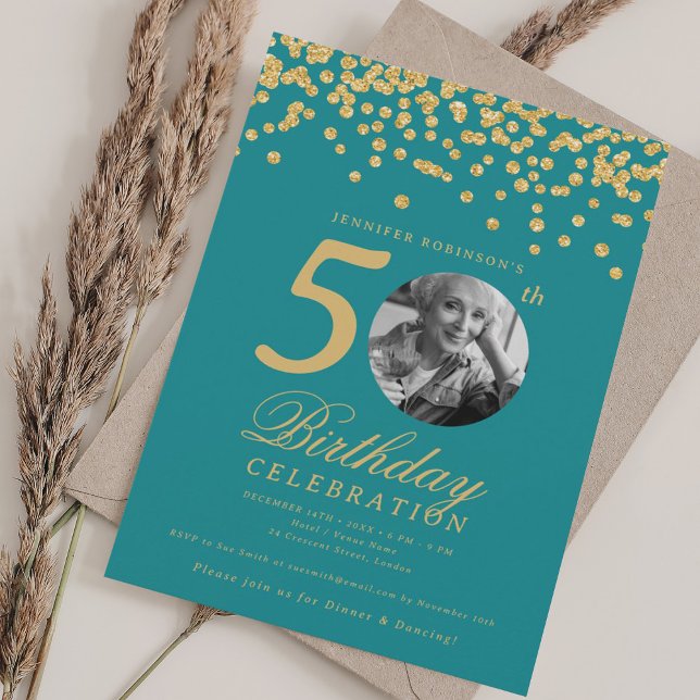 Photo 50th Birthday Gold Confetti Turquoise Invitation (Photo 50th Birthday Gold Confetti Turquoise Invitation)