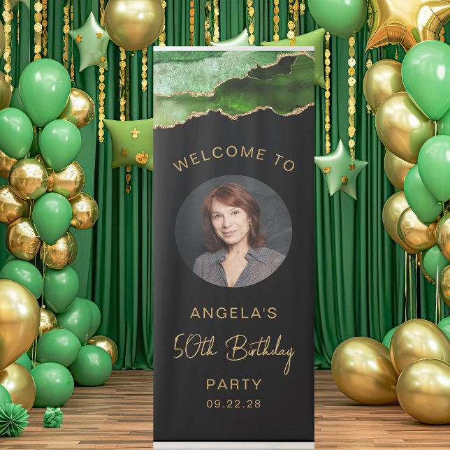 Photo 50th Birthday Green Gold Agate Black Retractable Banner (Creator Uploaded)