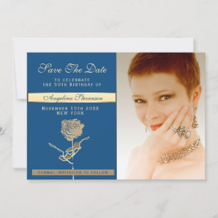 Photo 50th Birthday Luxury Classic Blue and Gold Save The Date
