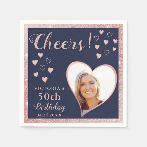 Photo 50th Birthday Navy Blue and Rose Gold Cheers Napkins