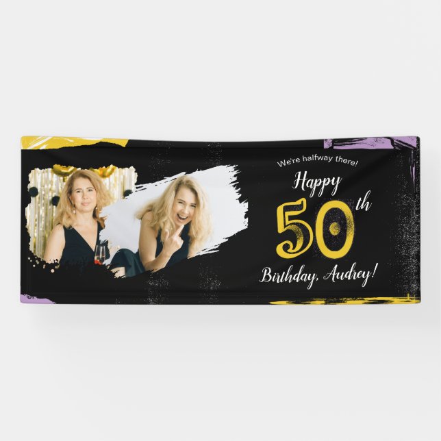 Photo 50th Birthday Party Banner Black Gold (Horizontal)