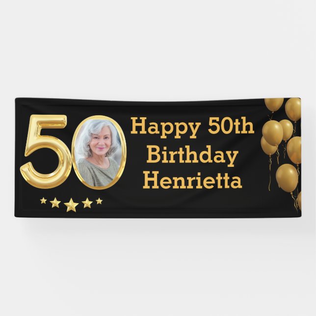Photo 50th Birthday Party Banner Black Gold (Horizontal)