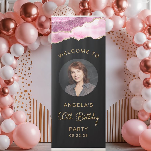 Photo 50th Birthday Pink Gold Agate Black Retractable Banner (Creator Uploaded)