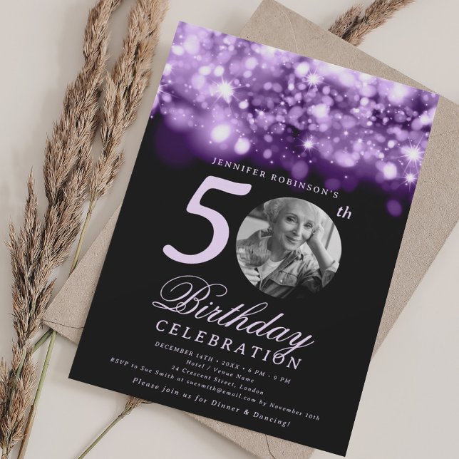 Photo 50th Birthday Purple Midnight Glam  Invitation (Photo 50th Birthday Purple Midnight Glam Invitation)