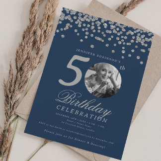 Photo 50th Birthday Silver Confetti Navy Blue Invitation