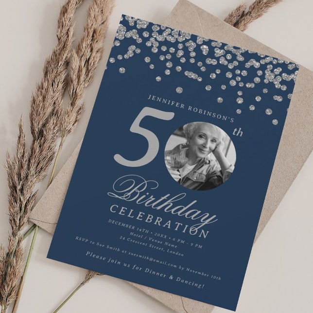Photo 50th Birthday Silver Confetti Navy Blue Invitation (Photo 50th Birthday Silver Confetti Navy Blue Invitation)