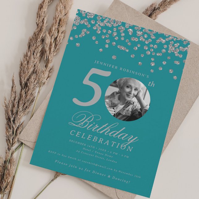 Photo 50th Birthday Silver Confetti Turquoise  Invitation (Photo 50th Birthday Silver Confetti Turquoise Invitation)