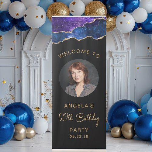 Photo 50th Birthday Starry Purple Blue Agate Black Retractable Banner