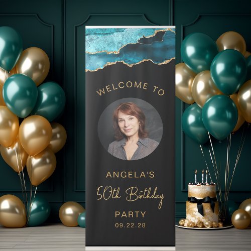 Photo 50th Birthday Teal Gold Agate Black Retractable Banner