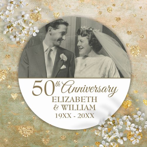 Photo 50th Golden Wedding Anniversary Elegant Classic Round Sticker