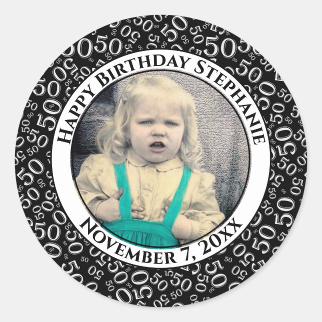 Photo 50th Party Random Number Pattern Black Classic Round Sticker (Front)