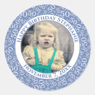 Photo 50th Party Random Number Pattern Blue Classic Round Sticker