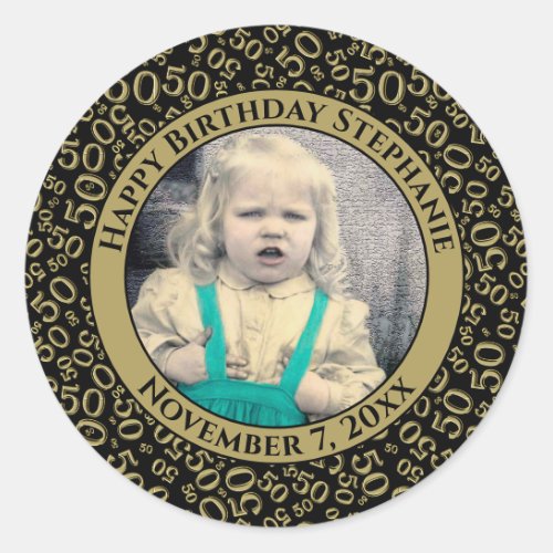 Photo 50th Party Random Number Pattern Gold Classic Round Sticker