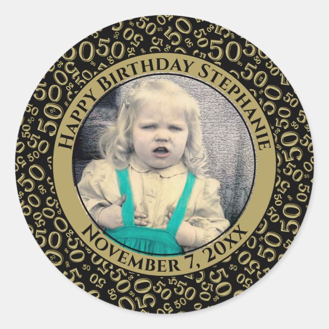 Photo 50th Party Random Number Pattern Gold Classic Round Sticker (Front)