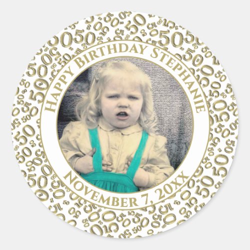 Photo 50th Party Random Number Pattern Gold Classic Round Sticker