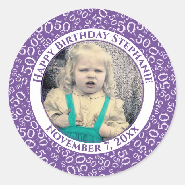 Photo 50th Party Random Number Pattern Purple  Classic Round Sticker (Front)