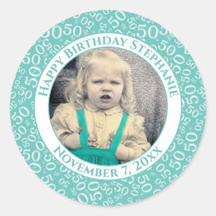 Photo 50th Party Random Number Pattern Teal Classic Round Sticker