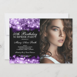 PHOTO 50th Surprise Birthday Purple Glam Lights Invitation