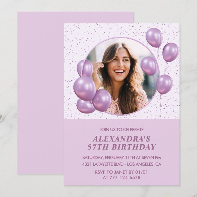 Photo 57th birthday invitations Balloons  Purple (Front/Back)
