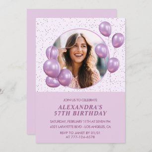Photo 57th birthday invitations Balloons  Purple