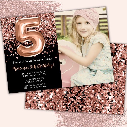 Photo 5th Black Rose Gold Glitter Birthday  Invitation