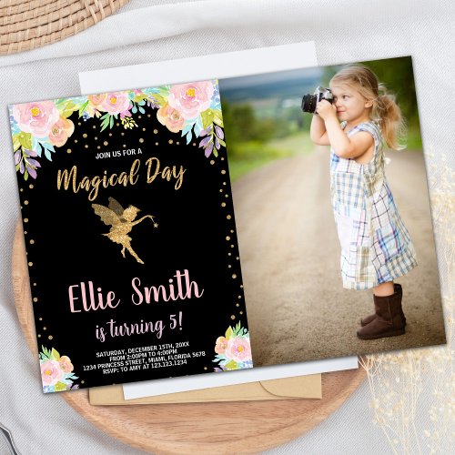 Photo 5th Floral Pink Magical Fairy Birthday Invitation