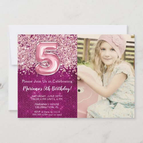Photo 5th Magenta Pink Glitter Birthday Invitation