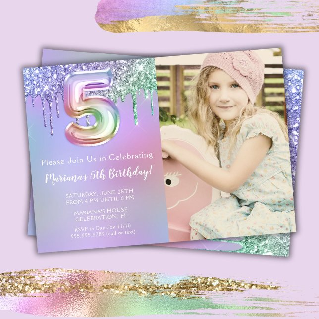 Photo 5th Purple Pink Glitter Birthday Party  Invitation (Creator Uploaded)