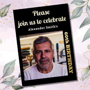 Photo 60th Birthday Black Gold Foil Invitation