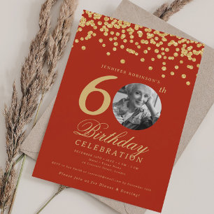 Photo 60th Birthday Gold Glitter Confetti Red Invitation