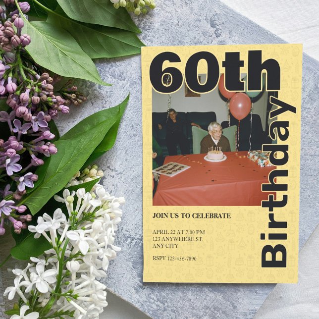 Photo 60th Birthday in Yellow Icons Theme elder Invitation (Creator Uploaded)