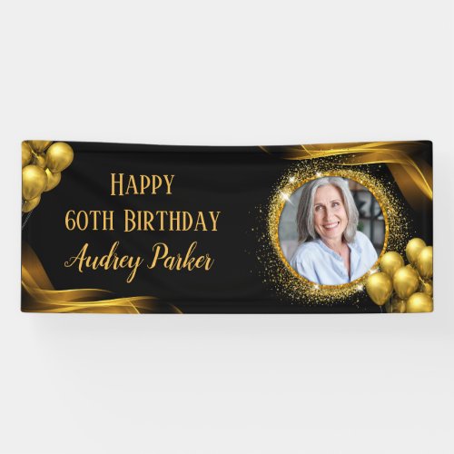 Photo 60th Birthday Party Banner Black Gold