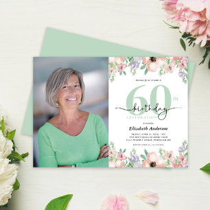 Photo 60th Birthday Party Pastel Floral  Invitation