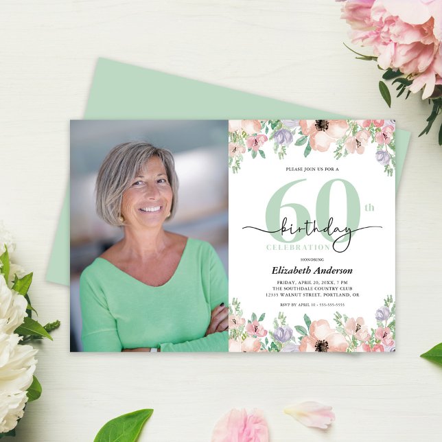 Photo 60th Birthday Party Pastel Floral  Invitation (Creator Uploaded)