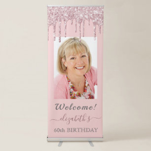 Photo 60th birthday pink glitter drips retractable banner