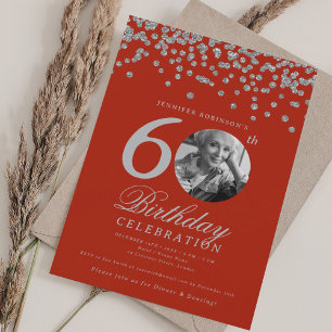 Photo 60th Birthday Silver Confetti Champagne Red Invitation