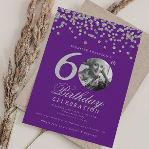 Photo 60th Birthday Silver Confetti Purple Invitation