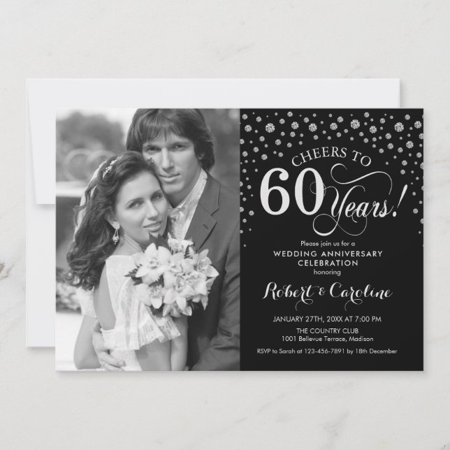 Photo 60th Wedding Anniversary - Silver Black Invitation (Front)