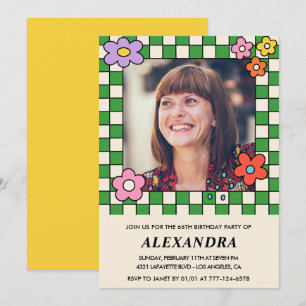 Photo 66th birthday invitation Retro Groovy Floral