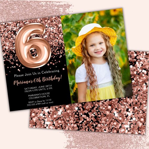 Photo 6th Black Rose Gold Glitter Birthday Party Invitation