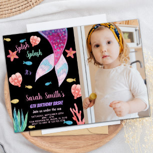 Photo 6th Dark Pink on top mermaid Birthday Invitation