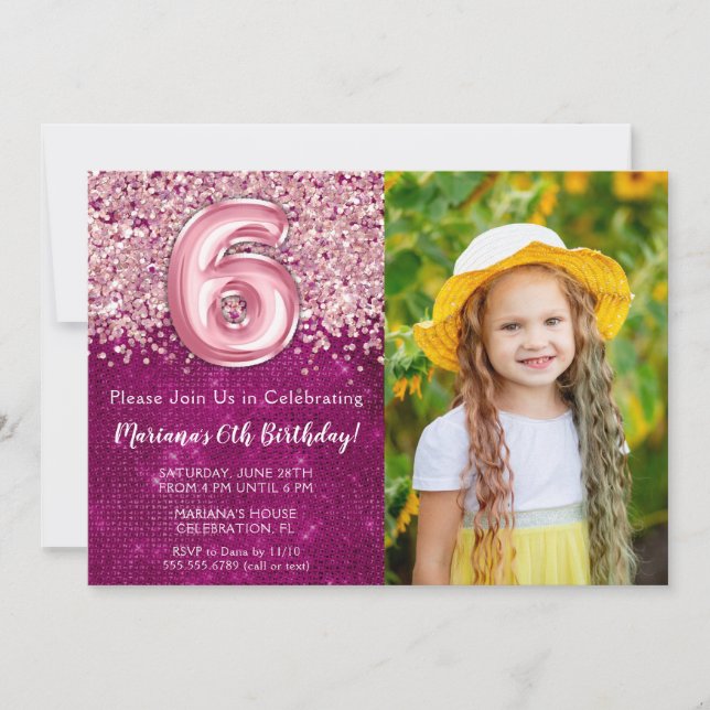 Photo 6th Kids Magenta Pink Glitter Birthday Invitation (Front)