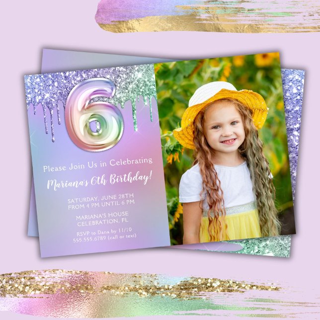 Photo 6th Purple Pink Glitter Birthday Party Invitation (Creator Uploaded)