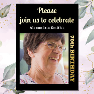 Photo 70th Birthday Black Gold Foil Invitation