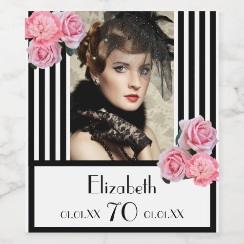 Photo 70th birthday black white stripes floral wine label